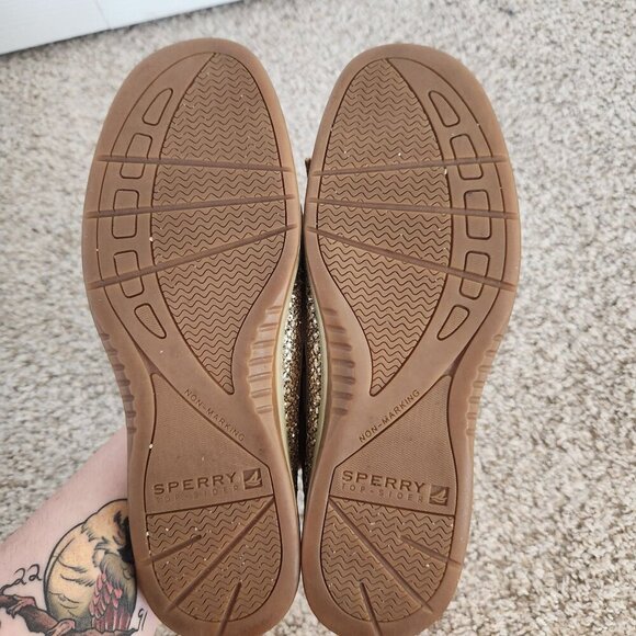 Sperry Tan Leather Gold Sequin Boat Shoes - Picture 3 of 10